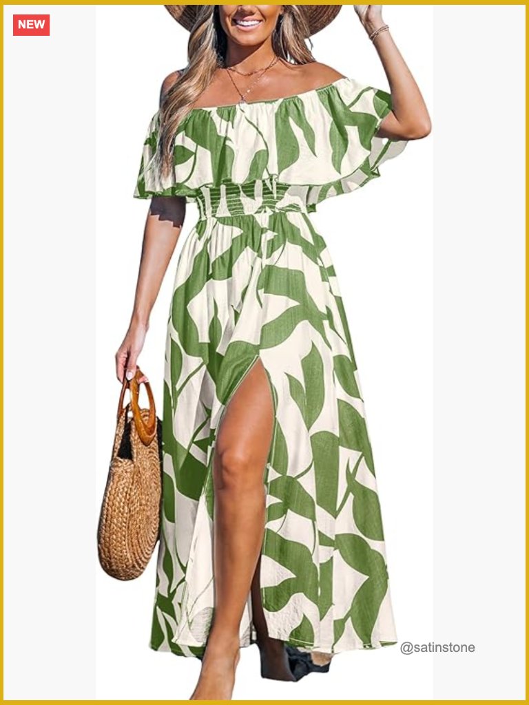 Off Shoulder Ruffle Maxi Dress Short Sleeve Backless Slit Hem Beach Dress